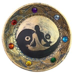 Zen Yin Yang Meditating Figure Round Decorative Dish Trinket Tray Incense Cone
